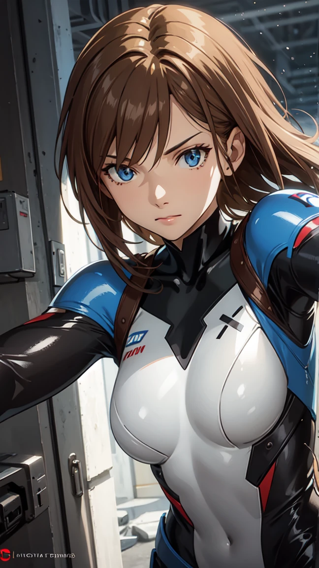 ((masterpiece)), ((best quality)), perfect detailed eyes, perfect detailed face, light brown hair, hair over shoulder, dark blue bodysuit, armed shoulders, armed arms, sci-fi movie warrior, shiny costume, Cute girl, detailed face, fine details, diffused reflection of light behind,