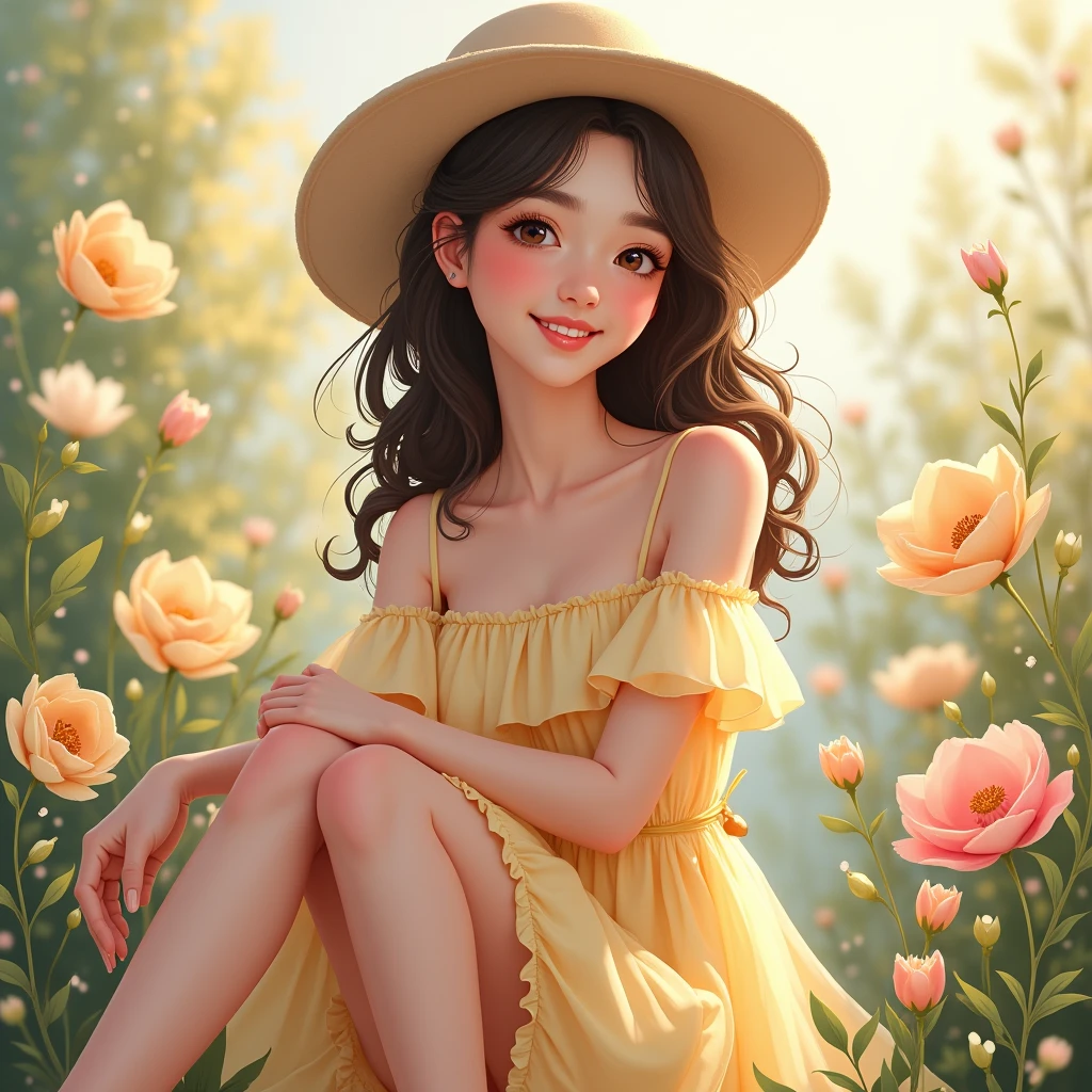 ,Smile,Small fresh,Flowers,whole body,Short dress,Off-shoulder,Bare legs,High heel