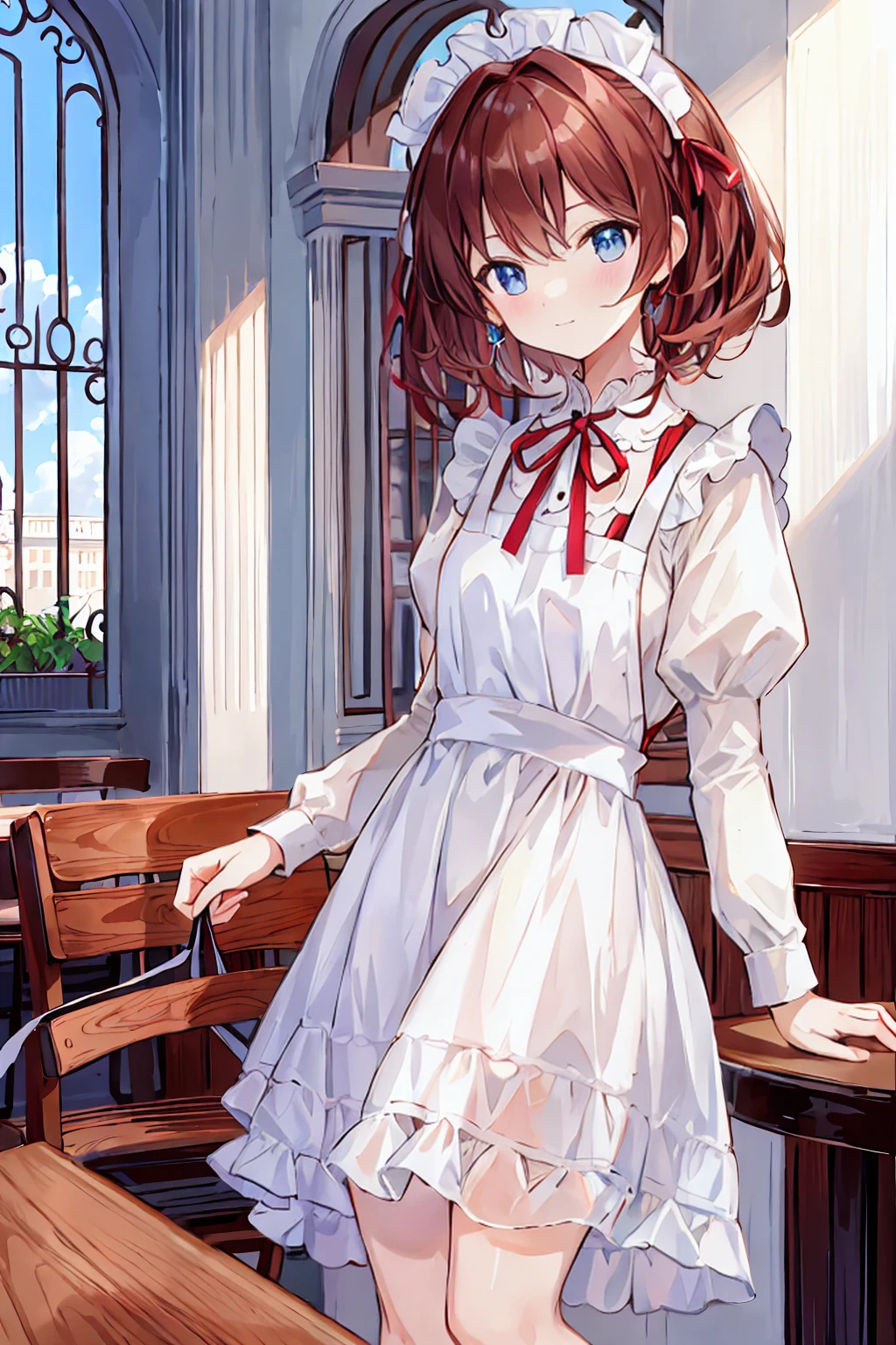 masterpiece、Highest quality、High resolution、Very detailed、Detailed Background、1 person、White blouse、Red Skirt、Upper body close-up、blue eyes、smile、Apron appearance、((indoor、morning、Cafe))、Sharp contours,Brown Hair,Shortcuts,Messy Hair,Slender beauty,A dignified posture,Small chest,Beautiful feet,,