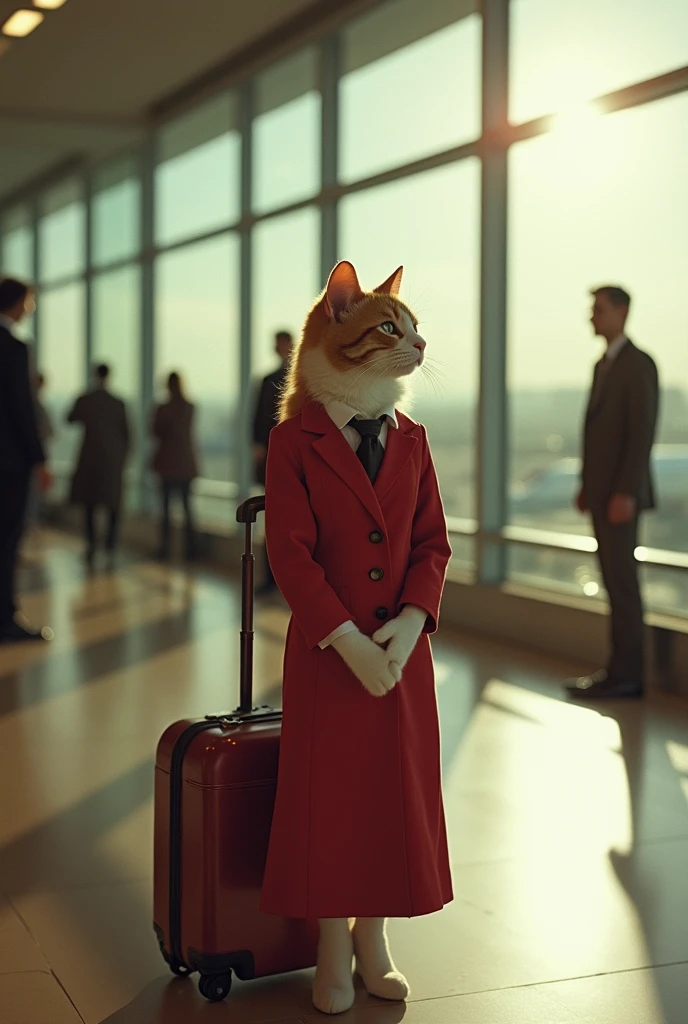 35mm lens,Multiple angles,Beautiful Cat,cute,sexly,Personification,Back,Side,silhouette,Overhead shot,Cat,Standing,Doll,Airline stewardess,Trolley case,,AIRPORT,Airline stewardess, cloak,Ruan Jia,,Work clothes,tie, (Delicate face), (Fine fluffy fur),(35mm Cinema Lens),(Multi-angle shooting),(many viewing angles)
