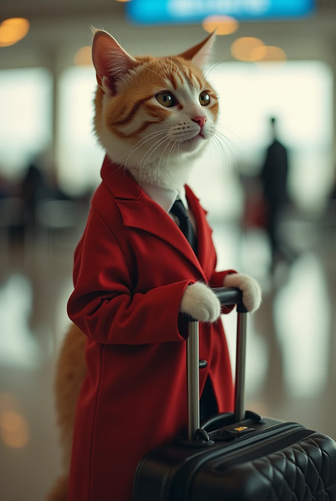 35mm lens,Multiple angles,Beautiful Cat,cute,sexly,Personification,Back,Side,silhouette,Overhead shot,Cat,Standing,Doll,Airline stewardess,Trolley case,,AIRPORT,Airline stewardess, cloak,Ruan Jia,,Work clothes,tie, (Delicate face), (Fine fluffy fur),(35mm Cinema Lens),(Multi-angle shooting),(many viewing angles)
