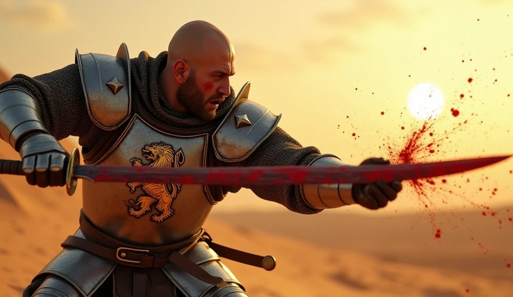 A highly realistic, high-contrast, 8K HD, detailed, hyper-detailed image of Tadakoro, a medieval knight with a shaved head, wielding a blood-stained knife in a powerful strike. Tadakoro is dressed in steel armor with a prominent lion emblem on his chest. The scene is set in a desert at sunset, where the warm, golden light casts long shadows across the barren landscape. The atmosphere is tense and dramatic, capturing the raw emotion of Tadakoro as he swings the knife with all his remaining strength, his face contorted with pain and determination. The armor is splattered with blood, adding to the intensity of the moment. The image is of the highest quality, with ultra-high resolution, RAW photo quality, and Unreal Engine rendering, showcasing the fierce and desperate battle.