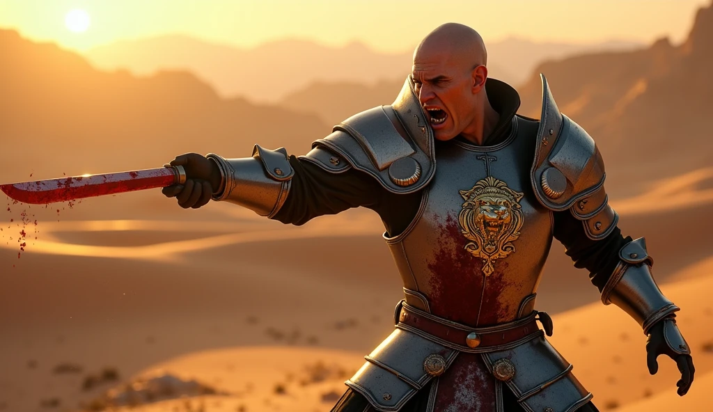 A highly realistic, high-contrast, 8K HD, detailed, hyper-detailed image of Tadakoro, a medieval knight with a shaved head, wielding a blood-stained knife in a powerful strike. Tadakoro is dressed in steel armor with a prominent lion emblem on his chest. The scene is set in a desert at sunset, where the warm, golden light casts long shadows across the barren landscape. The atmosphere is tense and dramatic, capturing the raw emotion of Tadakoro as he swings the knife with all his remaining strength, his face contorted with pain and determination. The armor is splattered with blood, adding to the intensity of the moment. The image is of the highest quality, with ultra-high resolution, RAW photo quality, and Unreal Engine rendering, showcasing the fierce and desperate battle.
