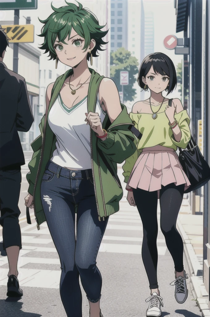 Create an image of a gender-swapped Izuku Midoriya from My Hero Academia, reimagined as a stylish and confident young woman. She has short, vibrant green hair styled in a chic, modern cut that frames her face with a fresh and lively appearance. Her large, expressive green eyes are detailed and full of energy, reflecting both determination and a hint of playful charm.

She is dressed in trendy and modern girly clothes that reflect her youthful and dynamic personality. The outfit includes:

Top: A fitted, off-the-shoulder blouse or a cropped top with a playful or floral print, adding a touch of femininity and modern style. The top may feature delicate ruffles or a subtle tie detail at the waist.
Bottom: High-waisted, high-fashion jeans or a stylish mini skirt that complements the top. The jeans might have trendy details like frayed hems or embellishments, while the skirt could feature a chic pattern or subtle pleats.
Footwear: Trendy sneakers or stylish ankle boots that are both fashionable and comfortable. The footwear should add a touch of contemporary flair to her outfit.
Accessories: A pair of delicate earrings, a layered necklace, or a stylish bracelet that adds a touch of elegance. She might also carry a small, trendy crossbody bag or a backpack in a coordinating color.
Izuku's posture is confident and engaging, perhaps with one hand adjusting her hair or holding her bag, and the other resting casually by her side. Her expression is lively and cheerful, with a bright smile that captures her optimistic and energetic spirit.

Every detail, from the vibrant color of her hair to the sleek design of her modern outfit, is rendered with the utmost precision. The image should be visually stunning and captured in 8K resolution, ensuring that every aspect of her appearance is portrayed with high quality, resulting in a captivating and fashionable representation of female Izuku Midoriya in modern girly clothes.