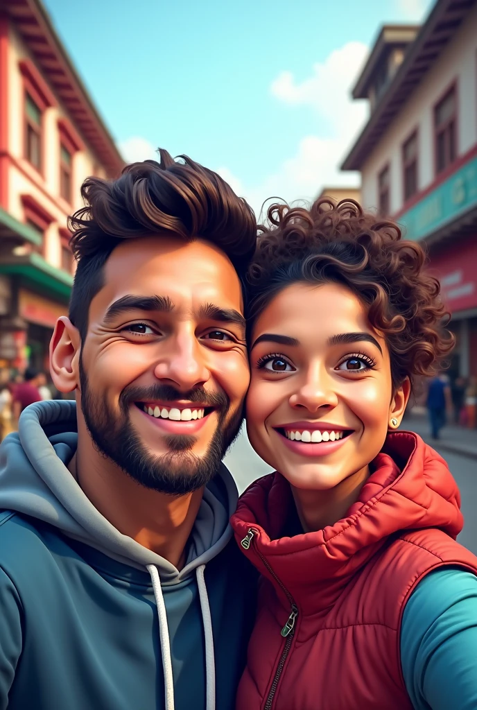 Selfie with Nepali bf having messi hair in street using snap cartoon filter in Nepal