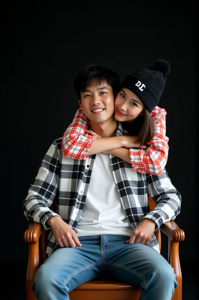 Featuring full HD high resolution images, A handsome Korean man sits on a carved chair smiling at the camera, the man was wearing a white flannel shirt with an open black pattern, white t-shirt, blue jeans and wearing a black beanie hat with the letters DL written on it, seen behind the man stands a beautiful woman wearing a white flannel shirt with a red pattern, the woman put her arms around the man's neck and smiled., all black photography room background, realistic