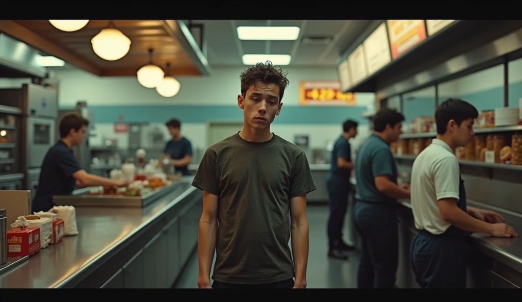 A scene with McDonald's attendants working and in the center a young man in the center highlighted,with deep dark circles, express tiredness, exhausted,