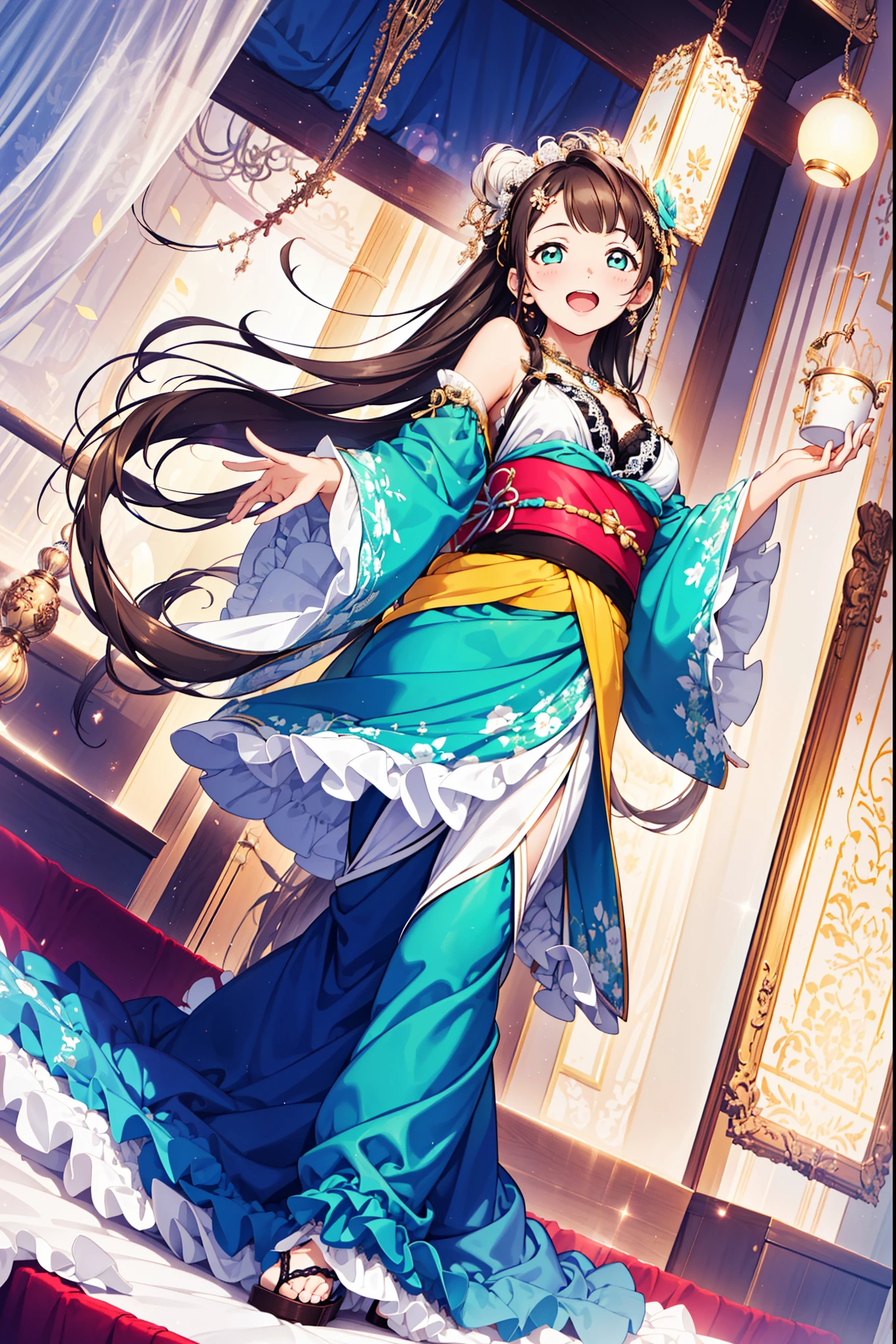 (best quality, high resolution, Textured Skin, high quality, High Detail,Extremely detailed CG unification),Teenage Girl，obsessed，Divine happiness，in love，(Swimwear and Kimono:1.2)，Long hair，(Fabric headdress minimalism，Multi-layer delicate ruffles，Lots of lace，Multi-color cloth，Exquisite embroidery，Beautiful pattern，Fabric headdress，Exquisite clothing，See through transparent clothes，bedroom，night，(Dazzle:1.2)，Movie Lighting，The only person，The skirt flutters，High Leg Raise