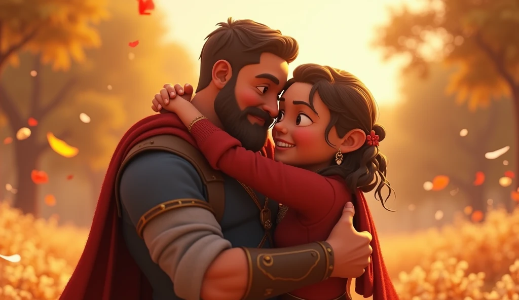 In 3d animation style " A warm hug between Arya and her father as they celebrate her victory, with her father saying, "You are my little angel."
