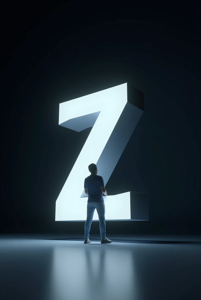 The background should be a dark gradient to keep the focus on the letter and the person. Ensure that the lighting gives M soft glow to the edges of the 3D letter and casts subtle shadows to add depth