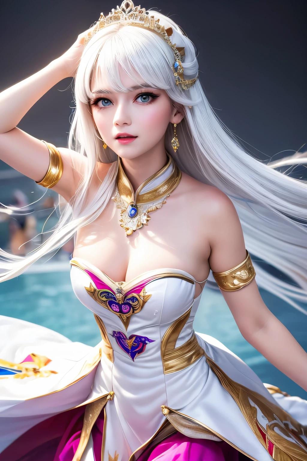 masterpiece,Highest quality,Very detailed,Beautiful girl in colorful race queen costume,,White Hair,very cute,Race Circuit
