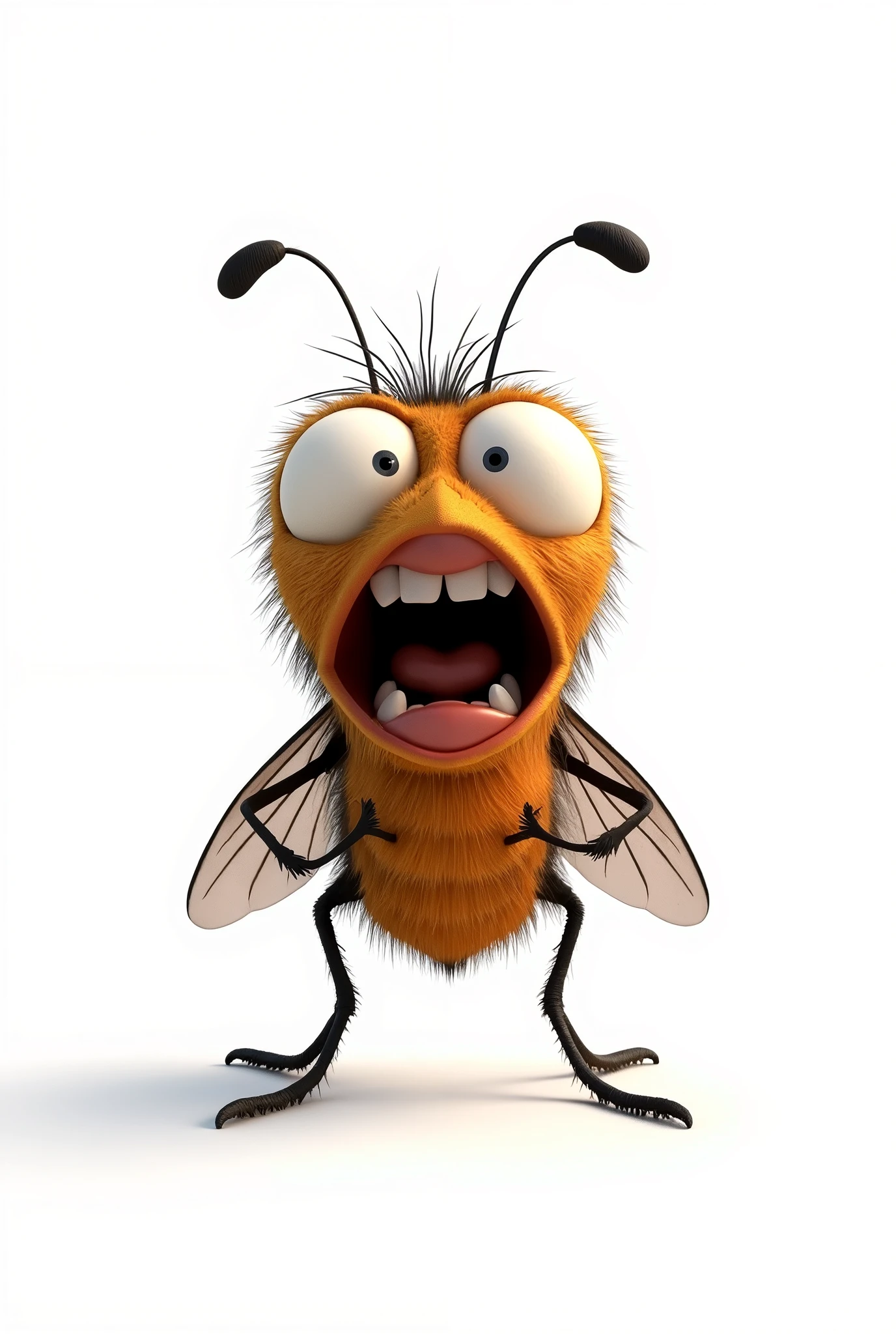 Create a cartoon-style character of a fly, standing upright on its two hind legs and with three pairs of legs in total. The fly has a terrified expression, with a wide-open mouth resembling that of a human character, screaming. The eyes are large, also in a human-like cartoon style, expressive and wide with fear. The entire scene is set against a completely white background with no shadows. The character should be fully rendered in animation style, with sharp, high-quality details. Ensure that the entire fly character, including all three pairs of legs, is within the frame, with no parts cut off or outside the edges of the image, UHD, masterpiece, textured skin, super detail, high quality, 8k