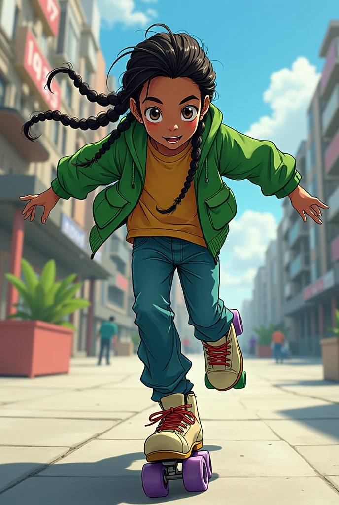 manga character, boy, long braided hair, peau noir, green jacket, roller dance
