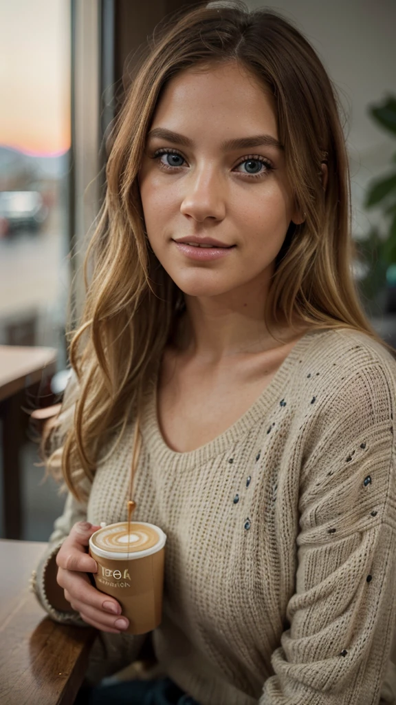 beautiful blonde wearing beige sweater (sipping coffee inside a modern café at sunset), very detailed, 2, innocent face, natural wavy hair, blue eyes, high resolution, masterpiece, best quality, intricate details, highly detailed, sharp focus, detailed skin, realistic skin texture, texture, detailed eyes, professional, 4k, charming smile, shot on Canon, 85mm, shallow depth of field, kodak vision color, perfect fit body, extremely detailed, foto_\(ultra\), photorealistic, realistic, post-processing, maximum detail, roughness, real life, ultra realistic, photorealism, photography, 8k uhd, photography
INFO
