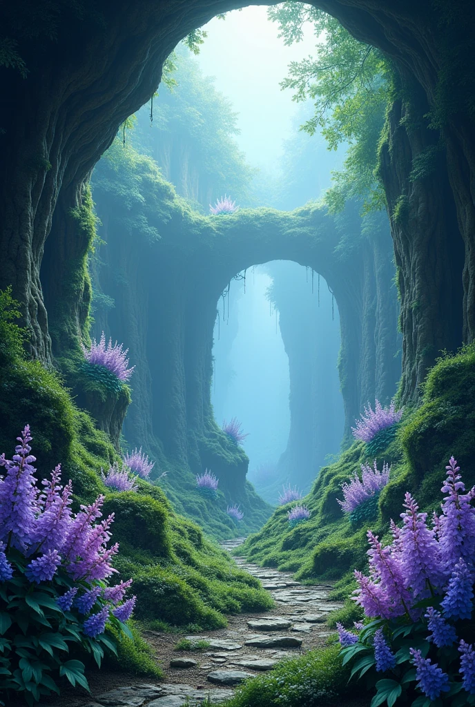 ((Digital Painting art)).
((Huang Guangjian artstyle)).
((ultra-detailed)).
((close-up view)).
"welcome to beyond fantasy cave filled with green-blue-violet fantasy plants and flowers"
(background: foggy fantasy forest)