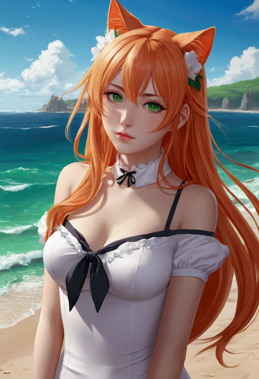 anime girl with long orange hair standing on beach near ocean, green eyes detailed digital anime art, cat ears, , anime girl with long hair, smooth anime cg art, anime girl with long hair, average breast size, digital anime art, artwork in the style of guweiz, beautiful anime portrait, photorealistic anime girl render, beautiful anime girl, advanced digital anime art, pantyhose, guweiz on artstation pixiv upscale HD UHD HQ