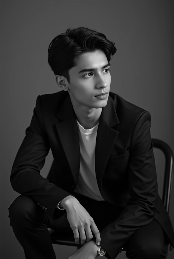 A 17 year old Bangladeshi boy in black suit is sitting in a chair . Trund his face into left sight . And giving a stylish pose
More realistic. Without highlights in black and white filter  . More realistic K star style