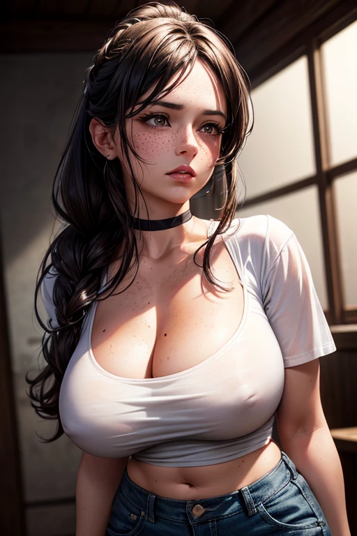 a woman in her late 30s, chubby physique, long straight dark brown hair, high ponytail, freckles, flushed cheeks, wearing a choker, large breasts, curvy figure, tied white t-shirt (braless) denim shorts, white leggings, (best quality,4k,8k,highres,masterpiece:1.2),ultra-detailed,(realistic,photorealistic,photo-realistic:1.37),detailed portrait, cinematic lighting, natural skin texture, intricate details, dramatic colors, moody atmosphere, seductive pose