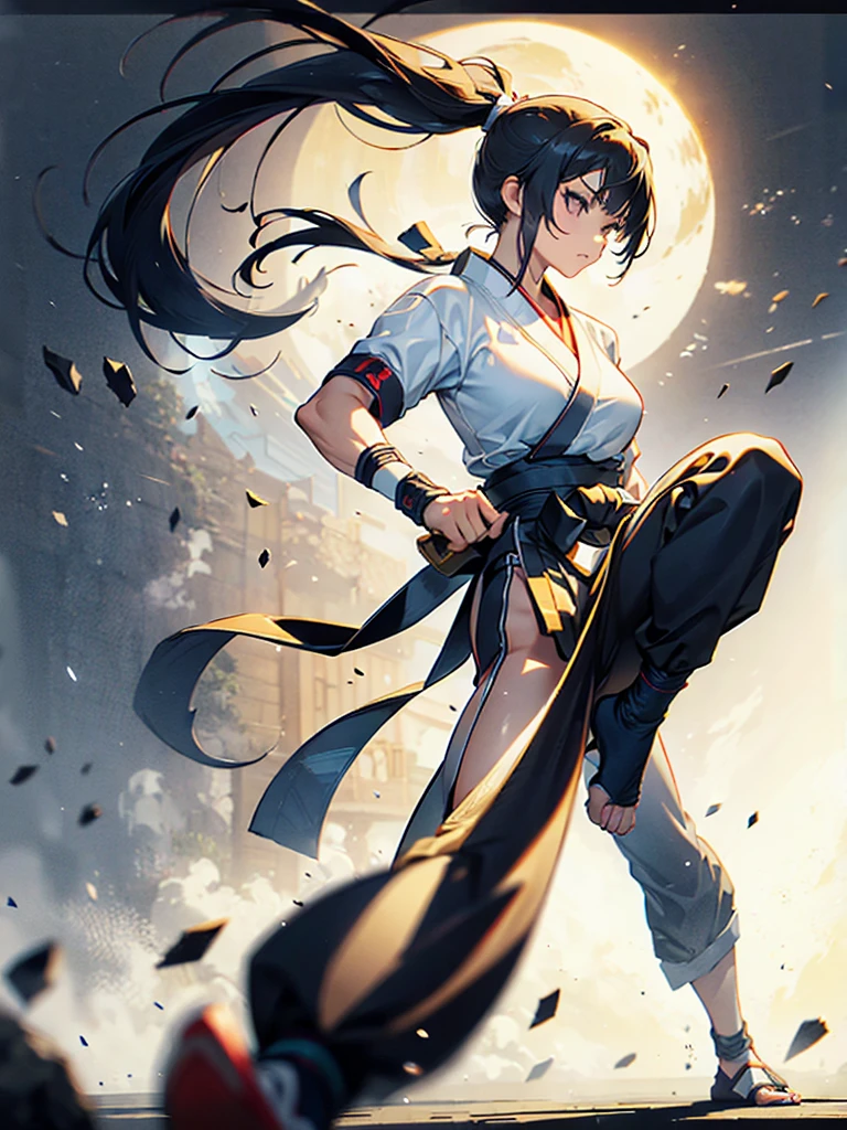 One person, Karate Stance,High Kick,Black Hair, ponytail, Slim body,Small breasts,Bad mood, Slanted Eyes, Character profile, Vanishing Point, Ultra Wide Angle, Japanese illustration style, 