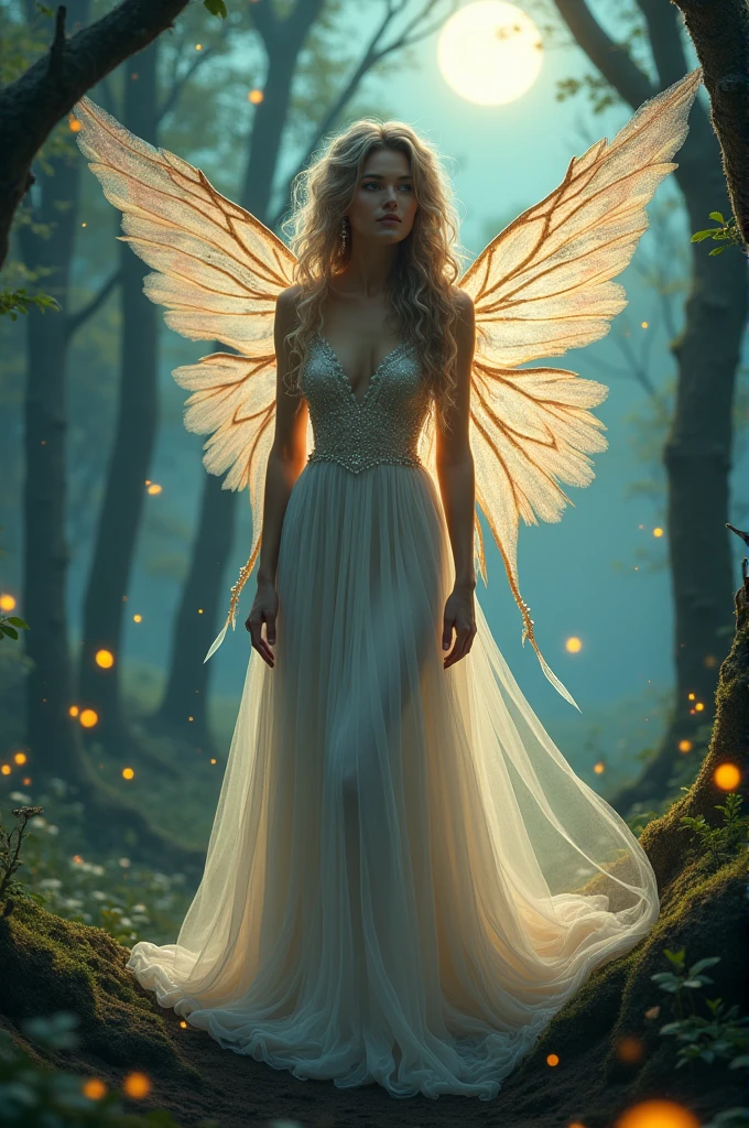 "Amidst a whimsical forest, illuminated by fireflies and soft moonlight, a ravishing beauty stands, draped in a flowing, ethereal gown with intricate, shimmering embroidery, her long, curly locks cascading down like a waterfall of night, as delicate, iridescent wings unfold from her back, radiating an otherworldly aura."

Imagine the enchanting scene!

Would you like me to generate another sentence?