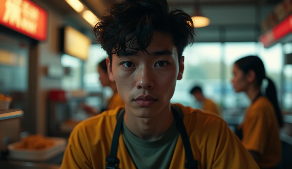 A scene with McDonald's attendants working and in the center a young man in the center highlighted, closeup, with deep dark circles, express tiredness, exhausted, semi realistic, cinematic.