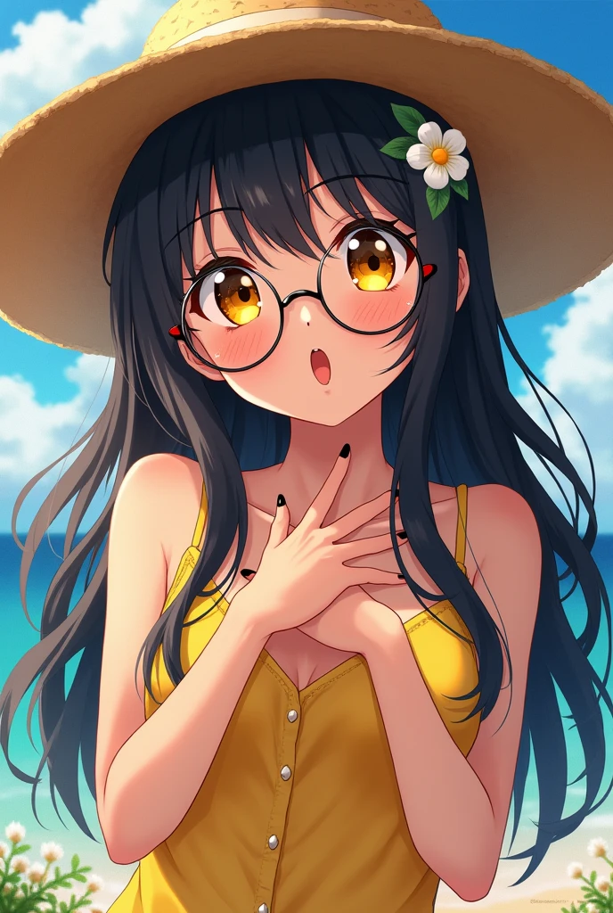 Anime girl, tan skin, yellow eyes, long black hair, white highlights, full body, sundress, sun hat, flower hair accessories, suprised, round glasses, black nail polish