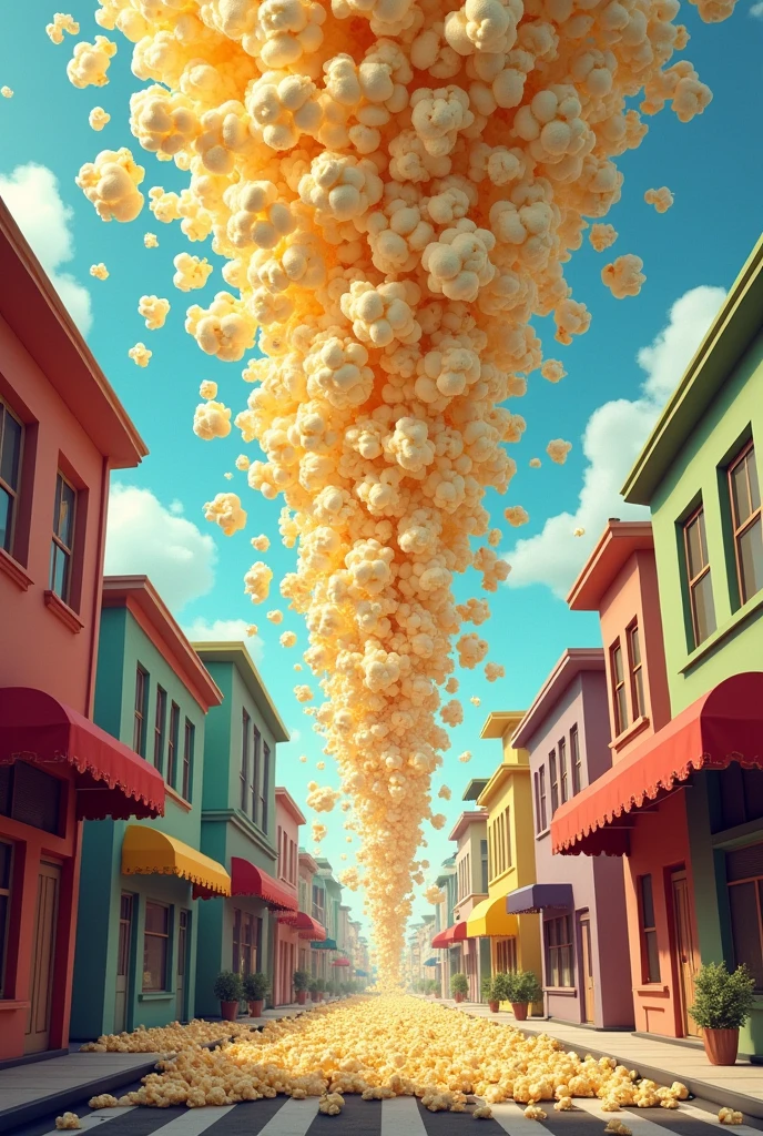 Pluie de pop corn tombant partout comme de la pluie sur une ville