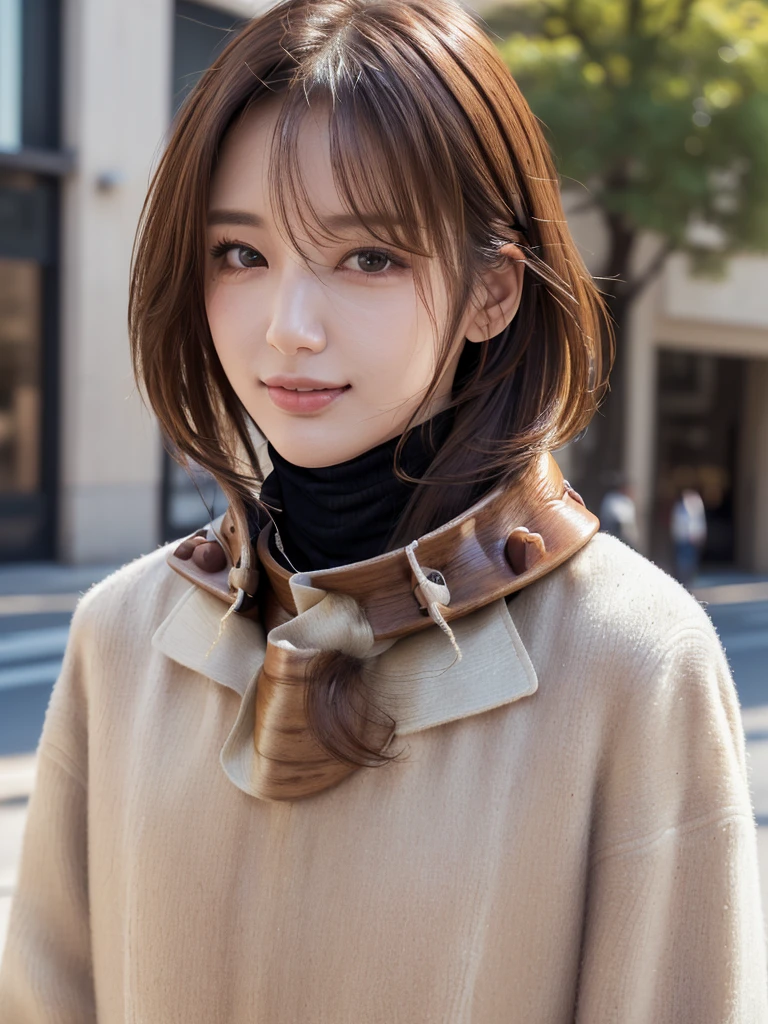 Best image quality、masterpiece、Ultra-high resolution、RAW Photos、(Photorealistic:1.4)、One person、Detailed face、Cowboy Shot、(Long coat、turtleneck、carf around the neck:1.5)、 Long messy red hair、Bokeh、Beautiful lighting、Model pose、thin、Korean Idol、Age 19、（Laughter:1.3)、street tree