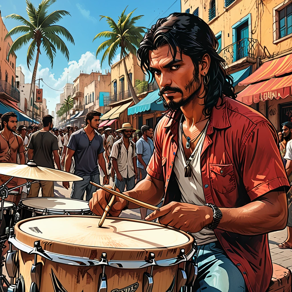 
(((close-up drums,)))city square,  street, people looking, tropical street, palm trees, close-up drums, gypsy man, graphic style of novel comics, 2d, 8k, hyperrealism, masterpiece, high resolution, best quality, ultra-detailed, super realistic, Hyperrealistic art, high-quality, ultra high res, highest detailed, lot of details, Extremely high-resolution details, incredibly lifelike, colourful, soft cinematic light,