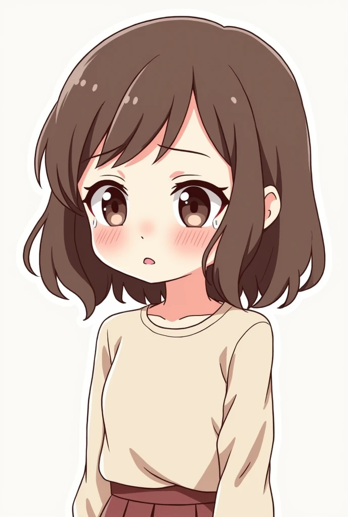 Create a LINE sticker of a brown-haired girl with bangs named Miya who is crying., full body image.