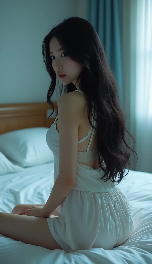 nude,masterpiece, Highest quality,High resolution,Alone,Back view,looking over shoulder at camera,Black long hair,Very young Japanese woman、Very fine skin,Sitting on the bed , The room is very cool、Beautiful lighting, Highly detailed 8K photos