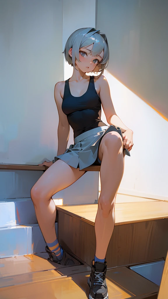 masterpiece, high quality, 16K, HDR,, Short-haired silver-haired girl wearing a mini-skirt and tank top, sitting on stairs, figure, high-quality, high-resolution image.