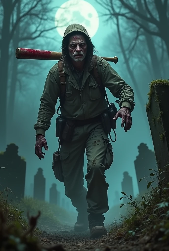 (zombie hunter,Camping clothes),(containment,closed up) (a bloody,red-spotted) baseball bat,(in a cemetery),fighting zombies, (tenebrosa,night time),(apavorante,nasty) atmosphere, combination of comedy and horror, (bright coloured,hight contrast),(grim,haunting) Lighting, (grim,threatening) eyeshadows, (grim laughter,Comic moments), (ultra-detailded,realisitic:1.37)-descrição do rosto e da expressão do zombie hunter, (detailded,Expressive) Facial features, (concentrated,determined) gauze, (expert,smart) Dialogue, (suspense,Dramatic) Action, (weirdcore,uncanny) fog, (grimmoonlight,magical moonlight),(covered in moss,aged up) tombstones, (incrinate,dilapidated) tombstones, (coberto de vegetation,decadent) vegetation, (grim,melancholy) staring Musical score.