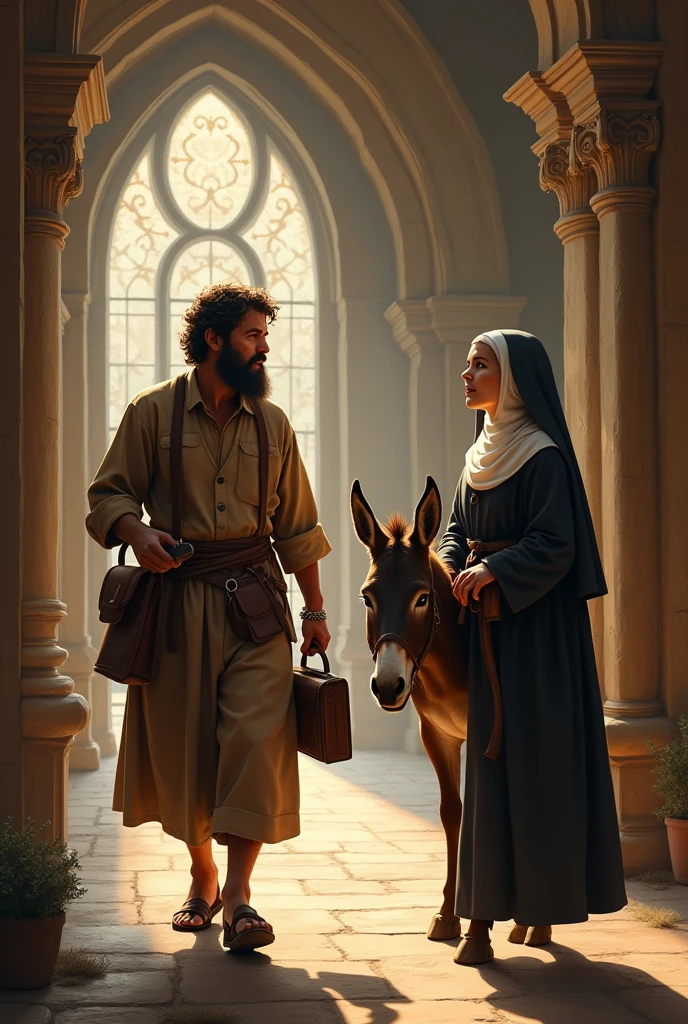A man carpenter with a donkey and  holding a tool box walking through chapel and talking with a Nun
