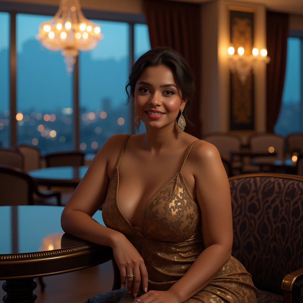 best quality,4k,8k,highres,masterpiece:1.2),ultra-detailed,(realistic,photorealistic,photo-realistic:1.37),srilankan 25 year old girl, with attractive facial features,beautiful detailed eyes,beautiful detailed lips,extremely detailed eyes and face,longeyelashes, fair skin tone. curvy huge breasts. is seated gracefully on a plush chair beside a round, polished table at a prestigious luxury hotel in Colombo. The woman is wearing a sophisticated evening dress. The background features grand chandeliers, and large windows offering a glimpse of Colombo's cityscape and blue sky at dusk.