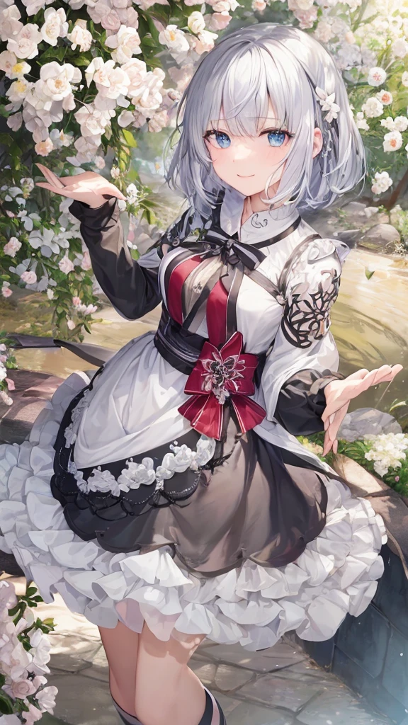 Ultra HD,Look at the viewers, Place your hands behind your back, and, 20-year-old, 非常にshort hair, Long bangs between the eyes, Pale blue eyes, Very detailed,(masterpiece、Highest quality),Gray Hair、Laughter、wonderful, Silver Hair, iris, short hair、 Fluttering Hair、Small face、明るいsmile、(Detailed face) ,Professional Lighting,wonderful風景,blue sky, sunlight,Looking down from above,Portraiture、Open your mouth、Flower Field、Her eyes were shining、Mysterious and enchanting atmosphere。With AI Painting、andてもshort hair, Long bangs between the eyes, Very detailed,(masterpiece、Highest quality)、alone、Gray Hair、Fantasy, Silver Hair, Fantasyな風景、smile、Open your mouth、short hair、short hair、hairpin、black eye、Grey Eyes、Beautiful Eyes、Black Shirt、White hoodie