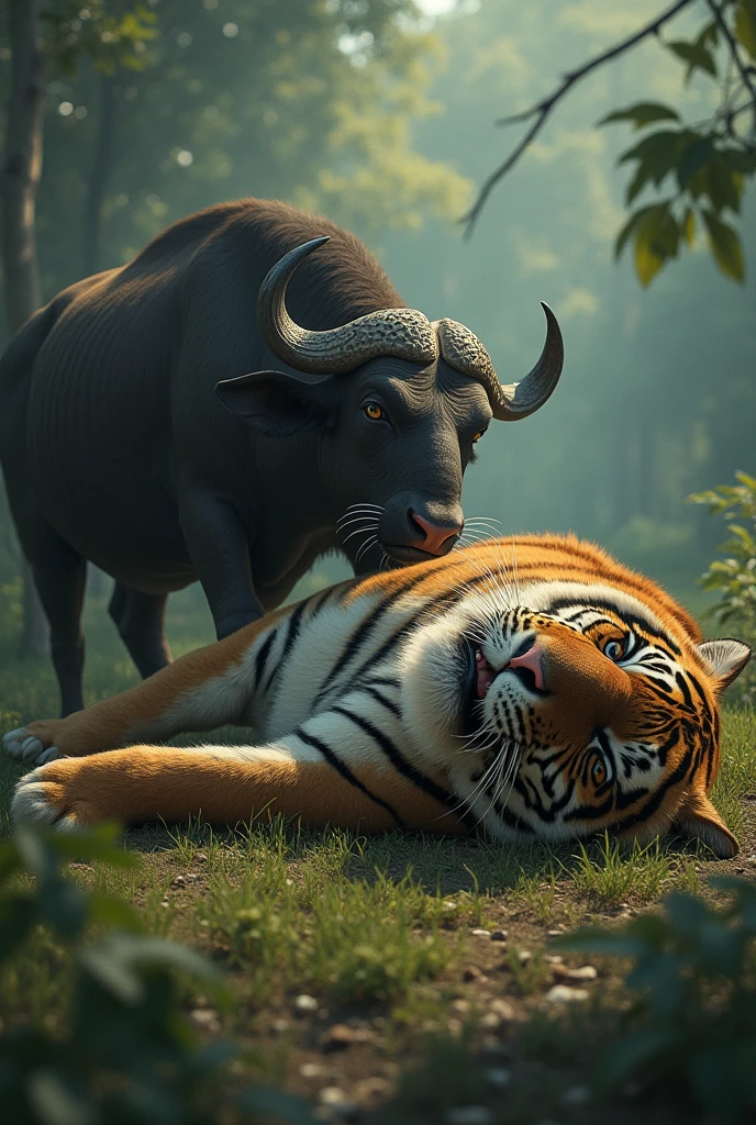 Sad news: A tiger has died due to a buffalo attack in ropa The tiger died while trying to escape after the old tiger came to attack him.

Al image.