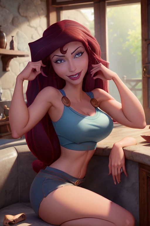 (masterpiece), Best Quality, expressive eyes, perfect face, massive breasts, very curved, long brown hair , light blue eyes, improve, full lips, seductive, smiling, at home, (crop top, bare shoulders: 1.2), (Shorts: 1.3), neckline, at home, massive breasts, Wide hips, perspiration, 1 female, seated, sexy, in front of the viewer, (erobureidere: 1.5)