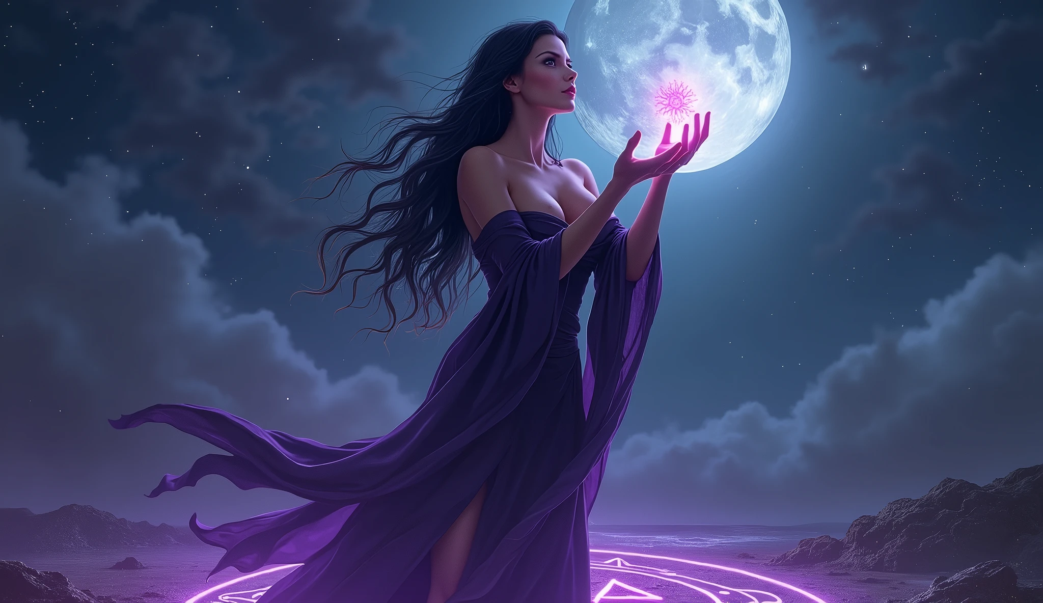 A seductive female witch with long, flowing black hair and piercing violet eyes, wearing a revealing dark purple robe that clings to her curves. She stands under a starry night sky, her hands raised as she conjures a glowing orb of energy. The air around her crackles with magical power, and arcane symbols glow faintly on the ground beneath her. The moonlight illuminates her figure, casting eerie shadows that add to the mysterious atmosphere. Aim for realistic depiction, make sure photos are at highest resolution (8K)