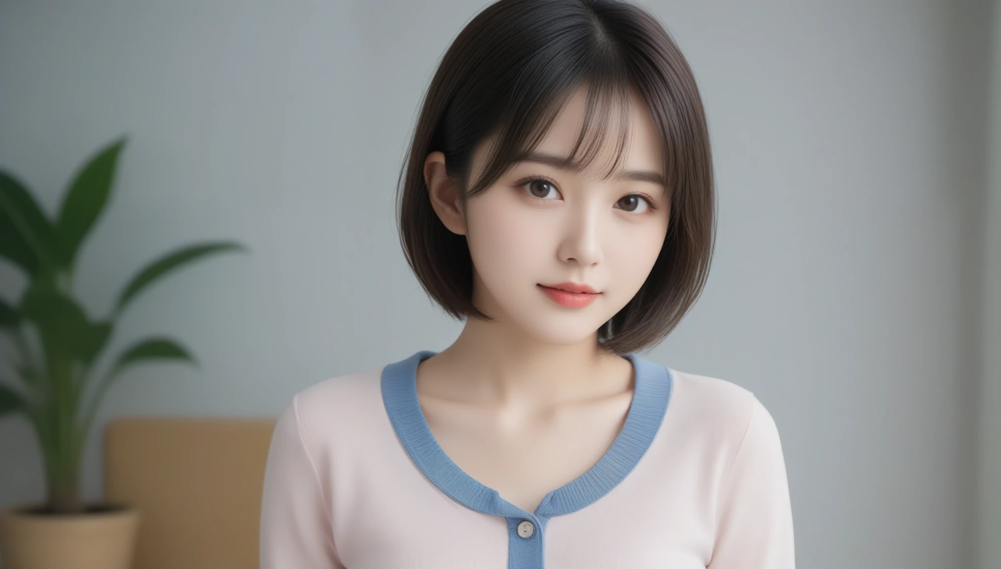 8k, Ultra-high resolution, Highest quality, masterpiece, 三分割法によるphotograph,Surreal, photograph, 1 Girl, (:1.3), pretty girl, Cute Face, 細部までBeautiful Eyes, 細かくdetailedに,masterpiece,One Girl:1.2,Japanese women,Young Wife,upper body,smile,Black hair,Bowl cut,(Collared shirt:1.3),cardigan,Pencil Skirt,Gray background,Near future,(Beautiful attention to detail),Subtle details, detailedな顔, smile,attractive,(のポートレートphotograph:1.4),(Photorealistic images:1.4),Fantasy art,(Beautiful Face:1.4),美しくattractive目、Beautiful Eyes、(Tight waist:1.4)、(Beautiful with perfect body proportions:1.4),Pink Lips,Looking at the audience,(((Ideal body type))),A-cup small breasts :2,、Portraiture:2、Perfect Anatomy、鮮明なdetailed、detailed,Fashion magazine cover,Thin lips,完璧でBeautiful Face ,完璧でCute Face, Skin with attention to detail, Perfect limbs、Narrow waist,Surreal,Light and shadow,spotlight