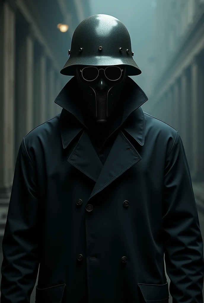 A man dressed in black, Wear a raincoat, The face is completely covered by an iron mask with glasses, Wear the M35 helmet.