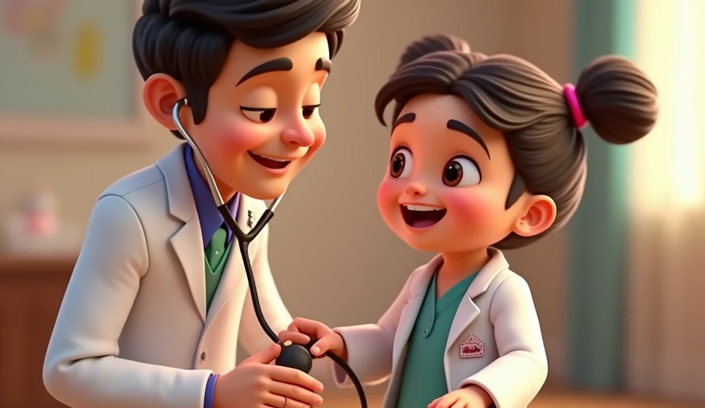 In 3d animation style " Arya wearing a small doctor's coat, pretending to examine her father with a toy stethoscope, both laughing heartily.