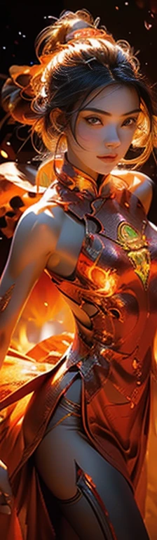 Fisheye lens with flames in the background, Chinese girl dancing with sword, Dressed in Tang dynasty costume, people, Upward light, Ray Tracing, Edge Light, Glow effect, Exaggerated behavior, Exaggerated perspective, orange, green, Realistic ultra-fine rendering style, Super Detail, Blender, Octane Ring