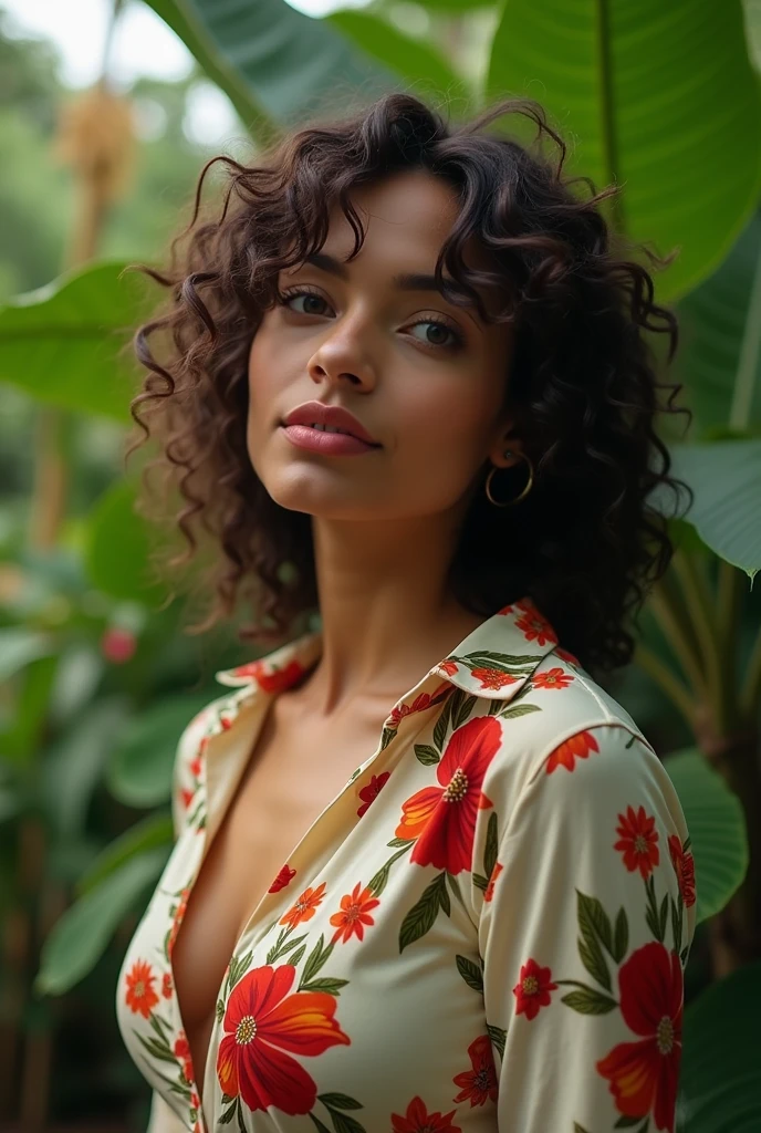 A Brazilian woman in a lush tropical garden, wearing an open shirt with a floral print, with a close-up capturing the harmonious beauty between her breasts and the natural flowers, showing off your natural charm and outgoing personality.