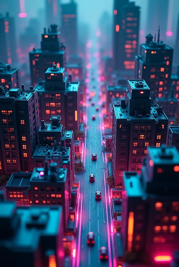 An extremely detailed, (pure realism) futuristic miniature city viewed from a bird's-eye perspective. The city is illuminated with vibrant neon colors, apathetic darkness tone, giving the scene a moody and intense atmosphere. The buildings are sleek, modern, and geometric, featuring sharp angles and glowing colour neon lines that accentuate their structures. Interspersed throughout the city are battle spaces, seamlessly integrated into the urban landscape, where futuristic weapons and technology are evident. The overall color scheme is dark, with glowing neon blues, purples, Neon green and pinks lighting up the buildings, streets, and battle zones. The scene is highly detailed, capturing the texture and scale of the miniature city, with a sense of depth and complexity in the urban design, giving the impression of a dynamic, futuristic battleground