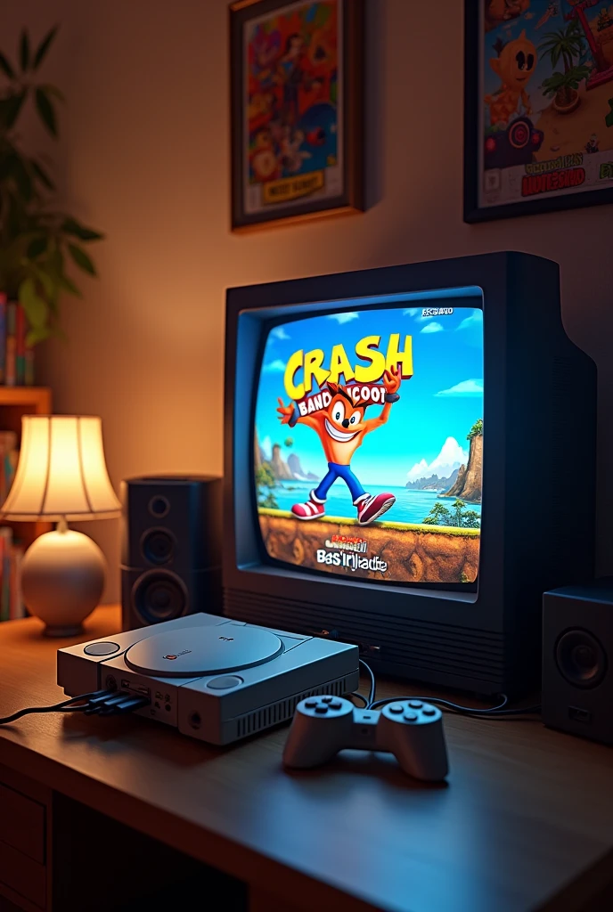 A nostalgic scene showing a classic PlayStation 1 console with a game controller next to it. On the TV screen, Crash Bandicoot game is running, showing the iconic splash screen with Crash in a dynamic pose. The surrounding environment is decorated with items from the 90s, like a shelf with boxed games and a Crash Bandicoot poster on the wall. The lighting is soft and warm, evoking the retro feel of the era.