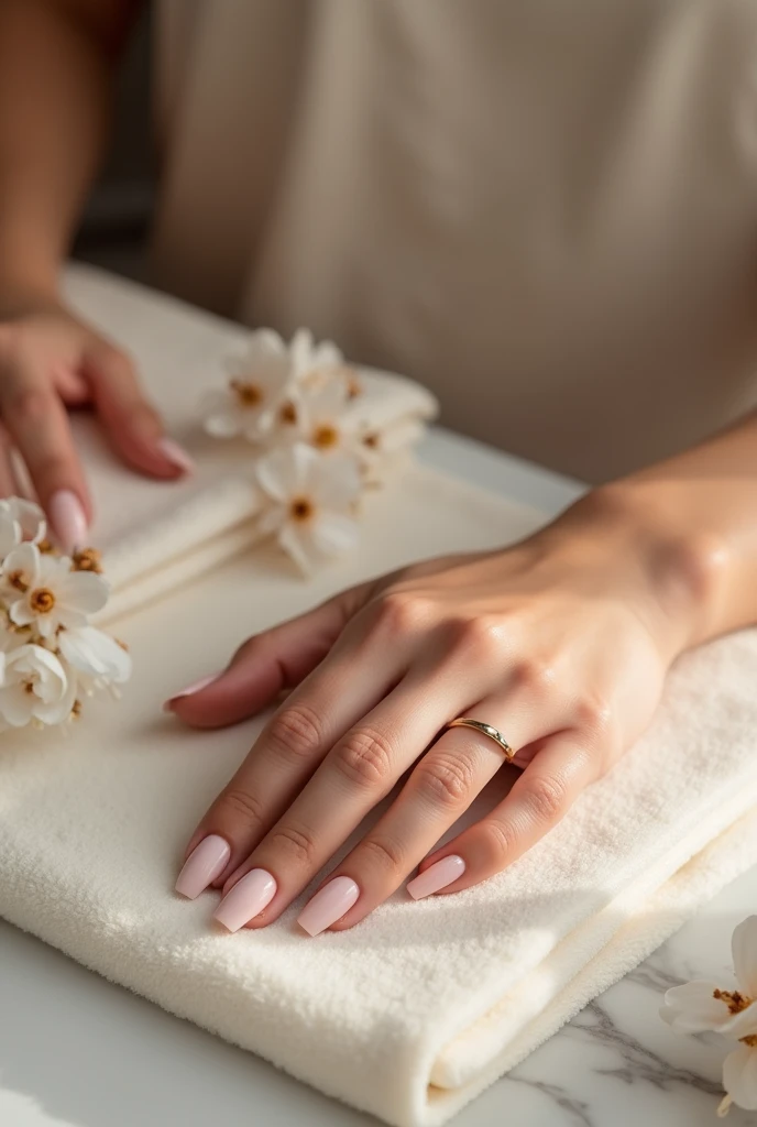 Create an elegant and luxurious image for a high-end manicure service. The setting should be a sophisticated spa environment with a modern, minimalist aesthetic. The focus should be on a beautifully manicured hand receiving a pampering treatment.