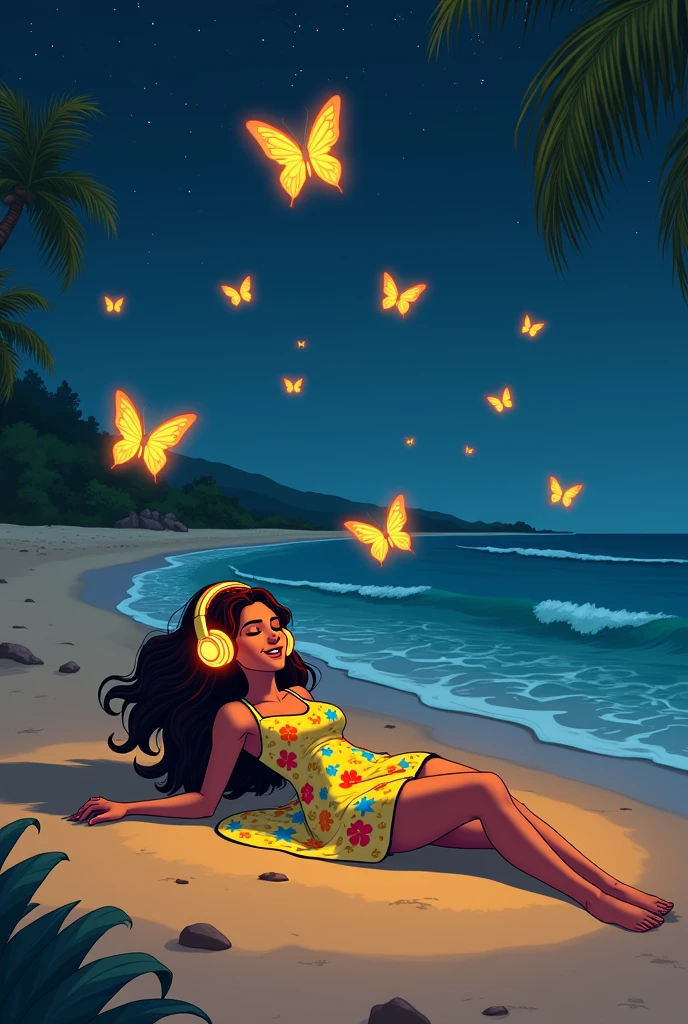 A Brazilian woman in a cartoon dress lying on the beach at night with headphones on with glowing butterflies around her  