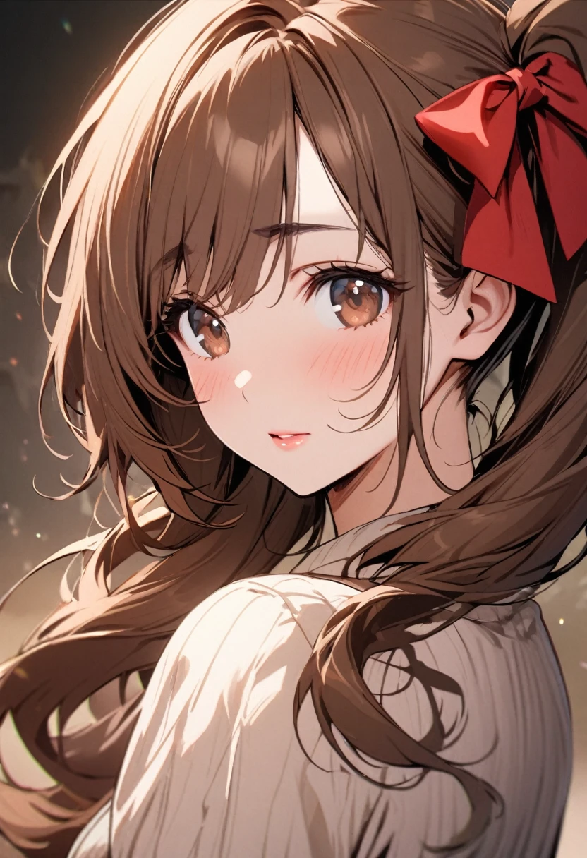 Solo, 1girl, Long Hair, brown hair, mature, red bow, high detail, beautiful eyes, beautiful color, adult, ponytails, half eyes, brown eyes, cute