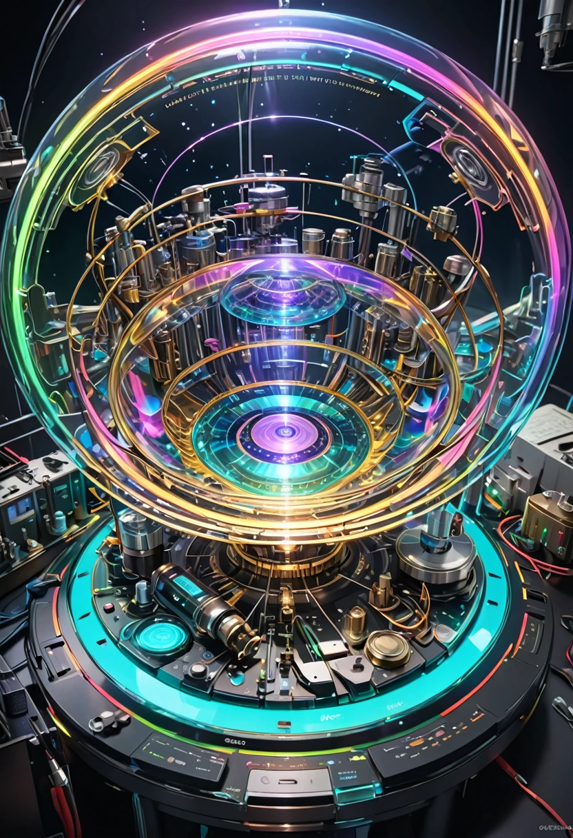 A UFO made of a metal-plated frame, a magic circle on the ground, and a kaleidoscope of iridescent neon lines in the sky, transparent, clear neon color, precision instruments, machines, machine parts, LED, wire cables, analyzers, labs, (ultra detailed, absolutely resolution, best quality:1.3), 2.5D, delicate and dynamic effects, artistic photography, hyper realistic, graphic CG digital art